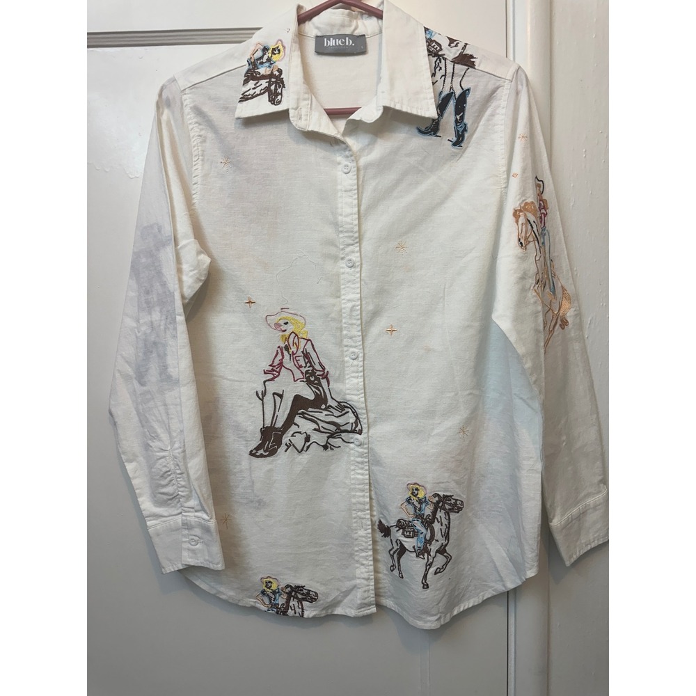 Blue B Collection White Cotton Linen Cowgirl Embroidered Button Down Shirt S